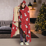 Red Snowman Pattern Print Hooded Blanket