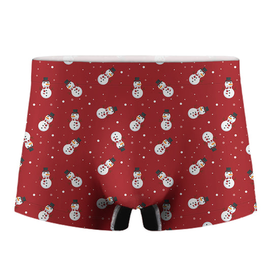 Red Snowman Pattern Print Men's Boxer Briefs