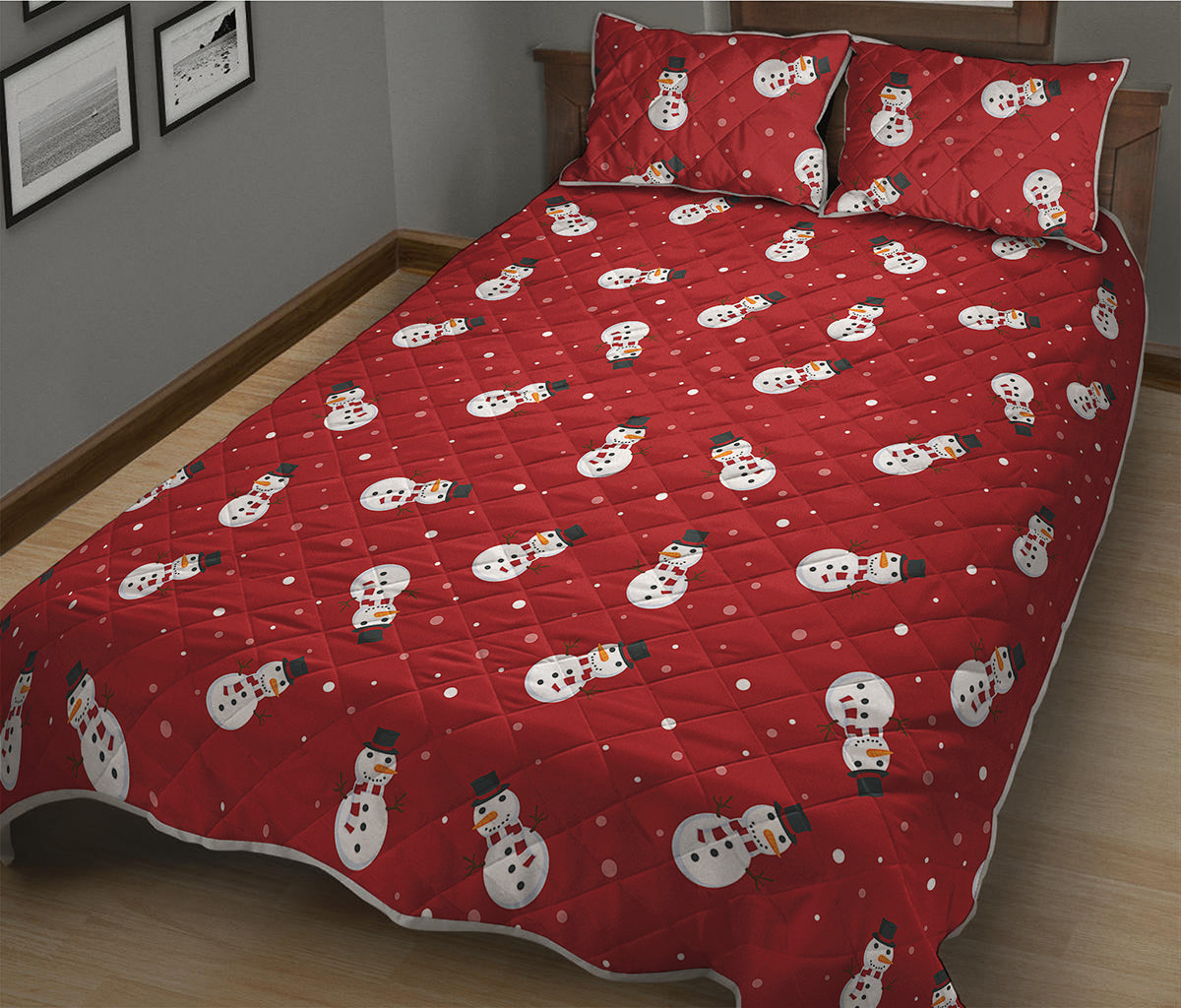 Red Snowman Pattern Print Quilt Bed Set