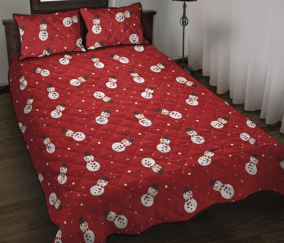 Red Snowman Pattern Print Quilt Bed Set