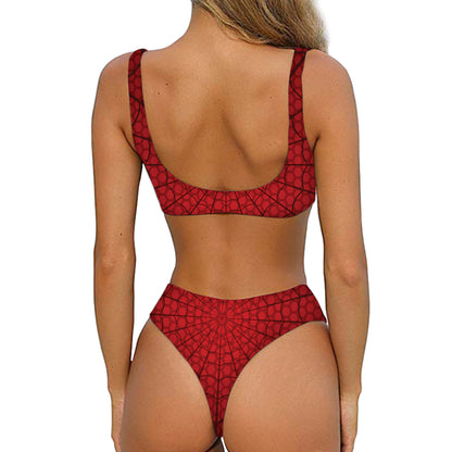 Red Spider Web Print Front Bow Tie Bikini