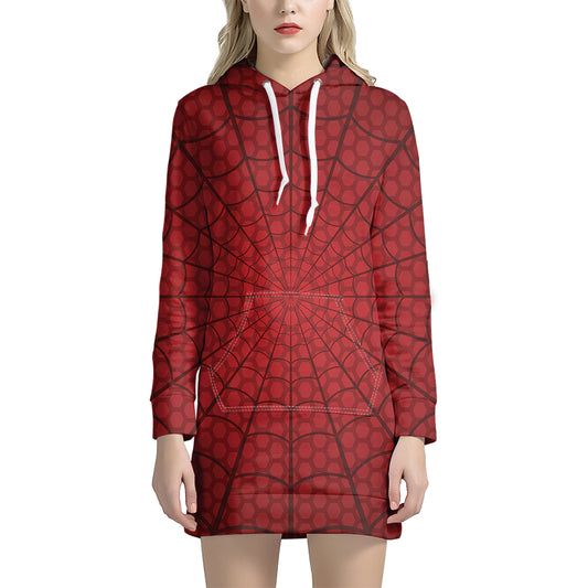 Red Spider Web Print Pullover Hoodie Dress