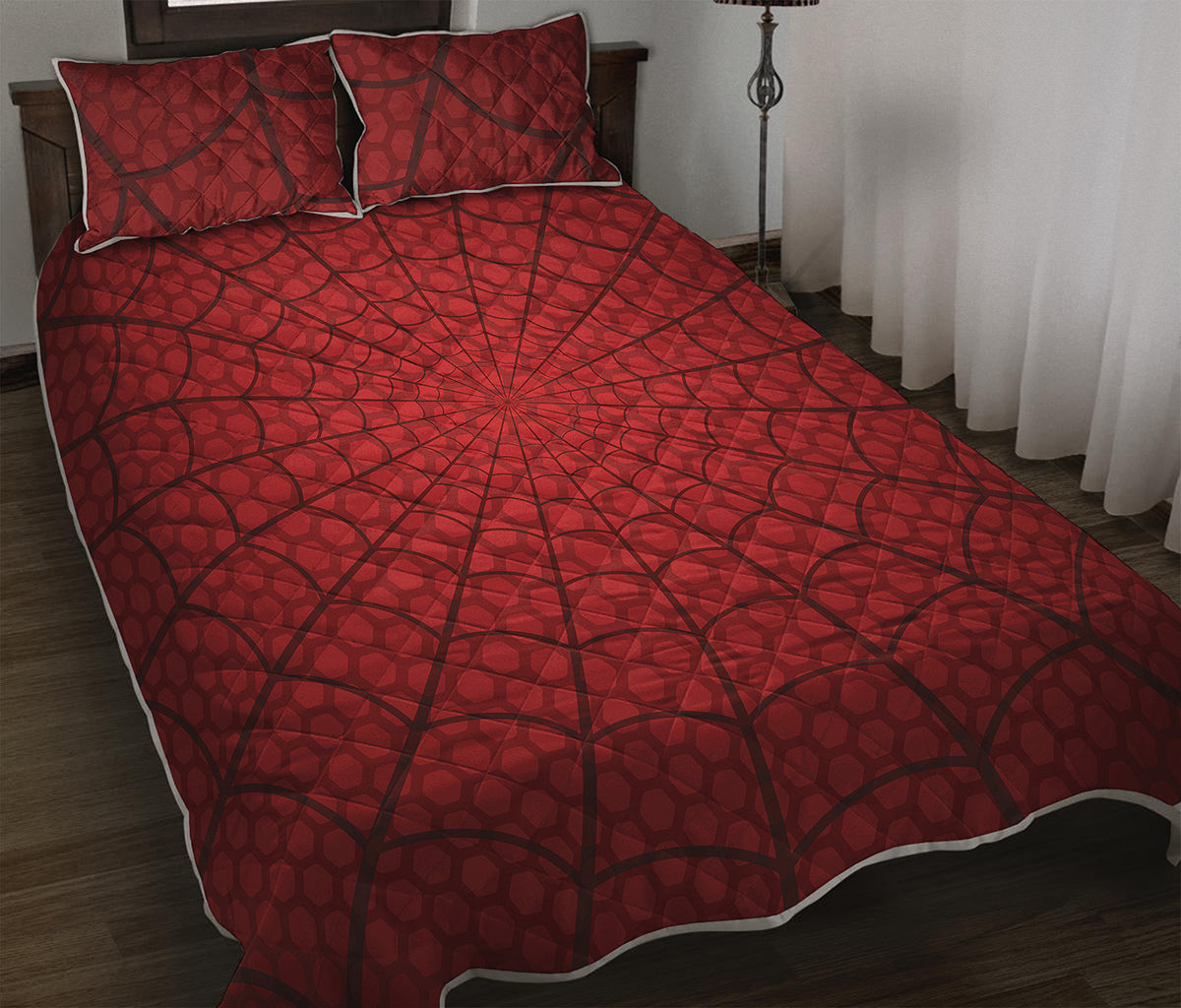 Red Spider Web Print Quilt Bed Set