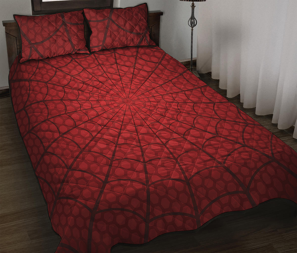 Red Spider Web Print Quilt Bed Set