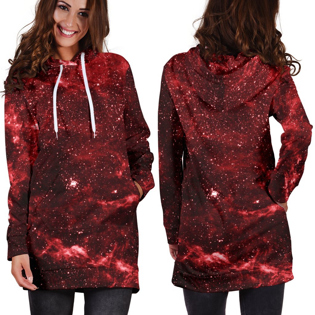 Red Stardust Universe Galaxy Space Print Hoodie Dress GearFrost