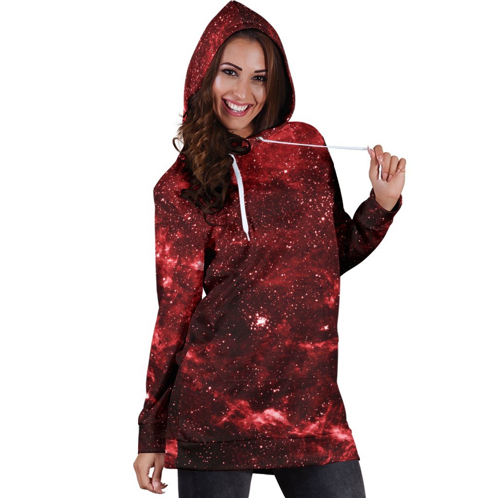 Red Stardust Universe Galaxy Space Print Hoodie Dress GearFrost
