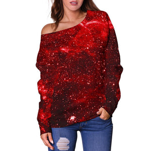 Red Stardust Universe Galaxy Space Print Off Shoulder Sweatshirt GearFrost