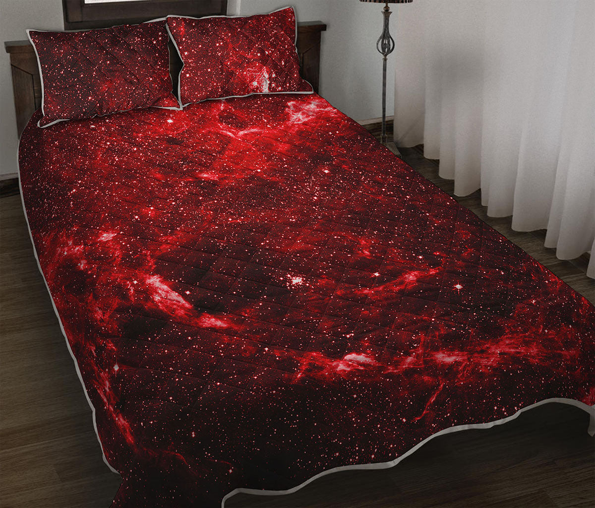 Red Stardust Universe Galaxy Space Print Quilt Bed Set