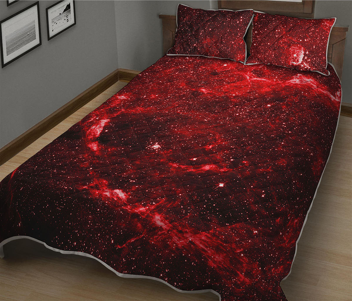 Red Stardust Universe Galaxy Space Print Quilt Bed Set