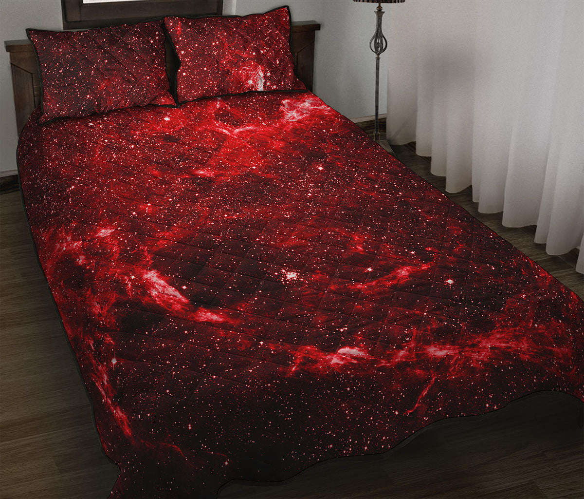 Red Stardust Universe Galaxy Space Print Quilt Bed Set