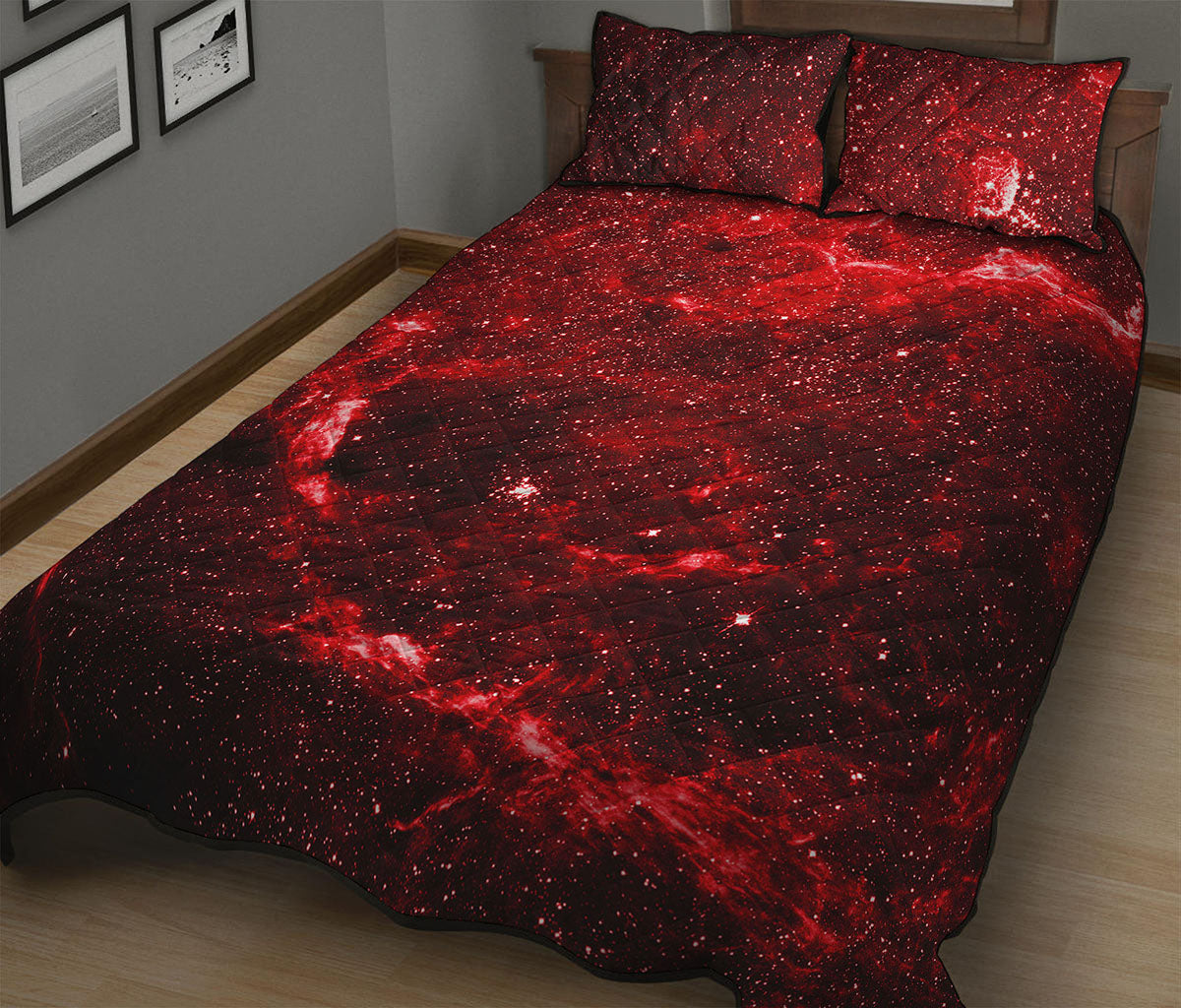 Red Stardust Universe Galaxy Space Print Quilt Bed Set