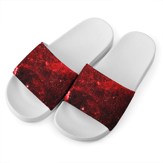 Red Stardust Universe Galaxy Space Print White Slide Sandals