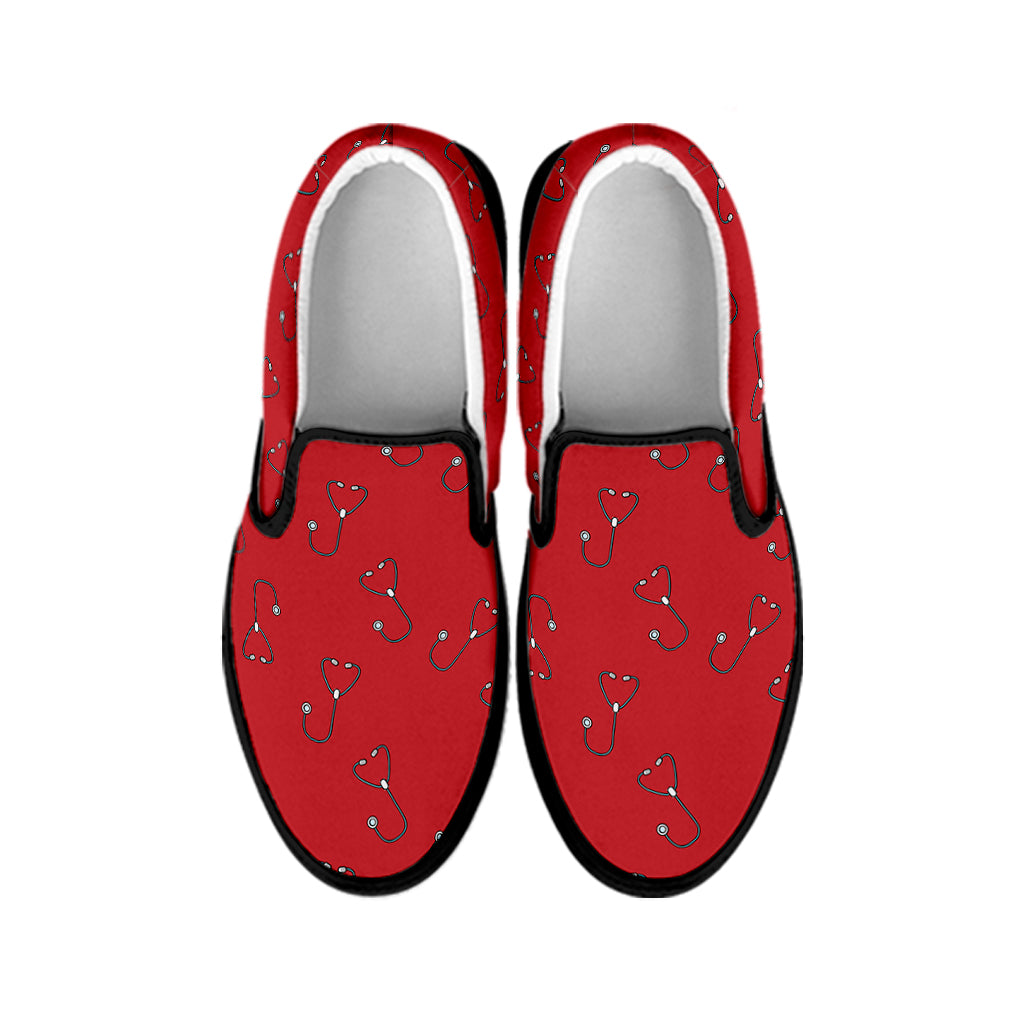 Red Stethoscope Pattern Print Black Slip On Shoes
