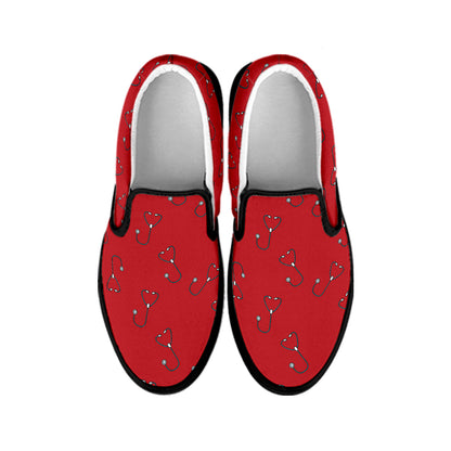 Red Stethoscope Pattern Print Black Slip On Shoes