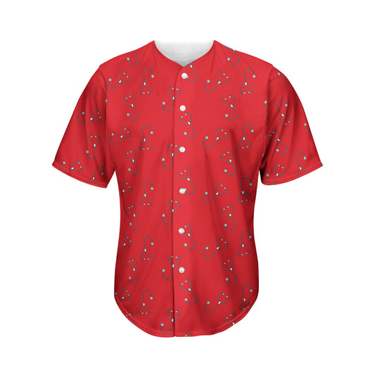 Red Stethoscope Pattern Print Men's Baseball Jersey