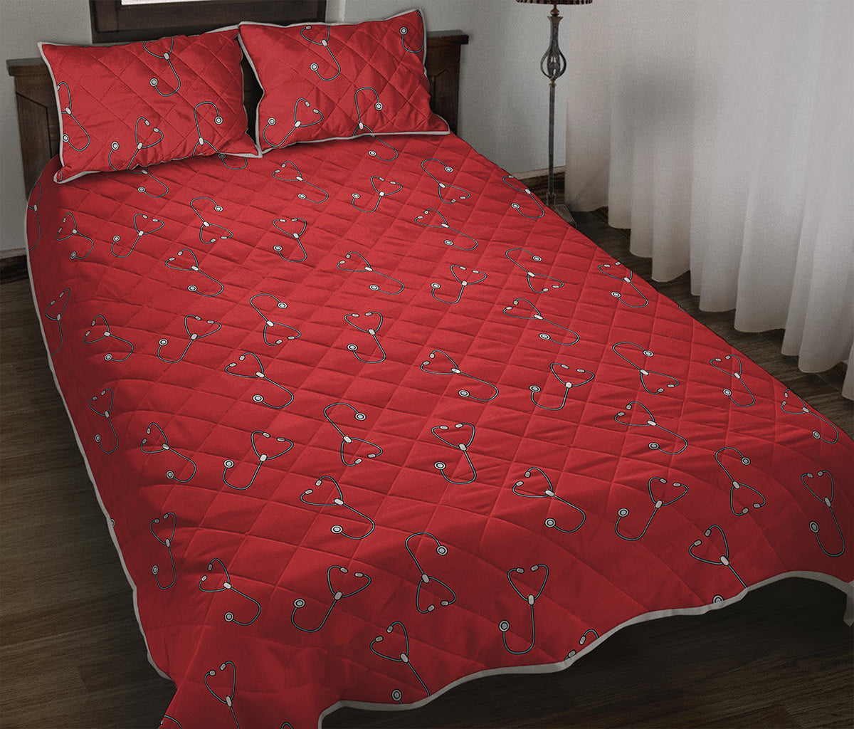 Red Stethoscope Pattern Print Quilt Bed Set