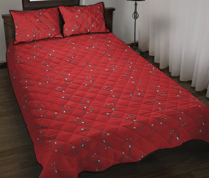 Red Stethoscope Pattern Print Quilt Bed Set