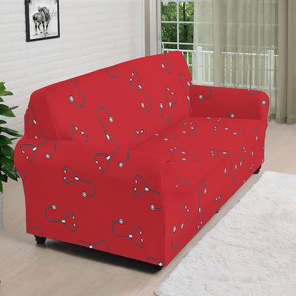 Red Stethoscope Pattern Print Sofa Cover