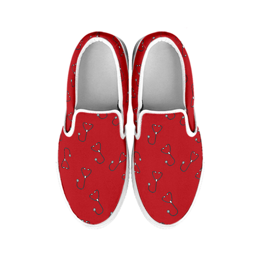 Red Stethoscope Pattern Print White Slip On Shoes