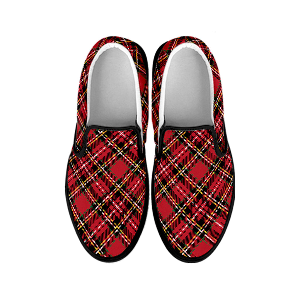 Red Stewart Tartan Pattern Print Black Slip On Shoes