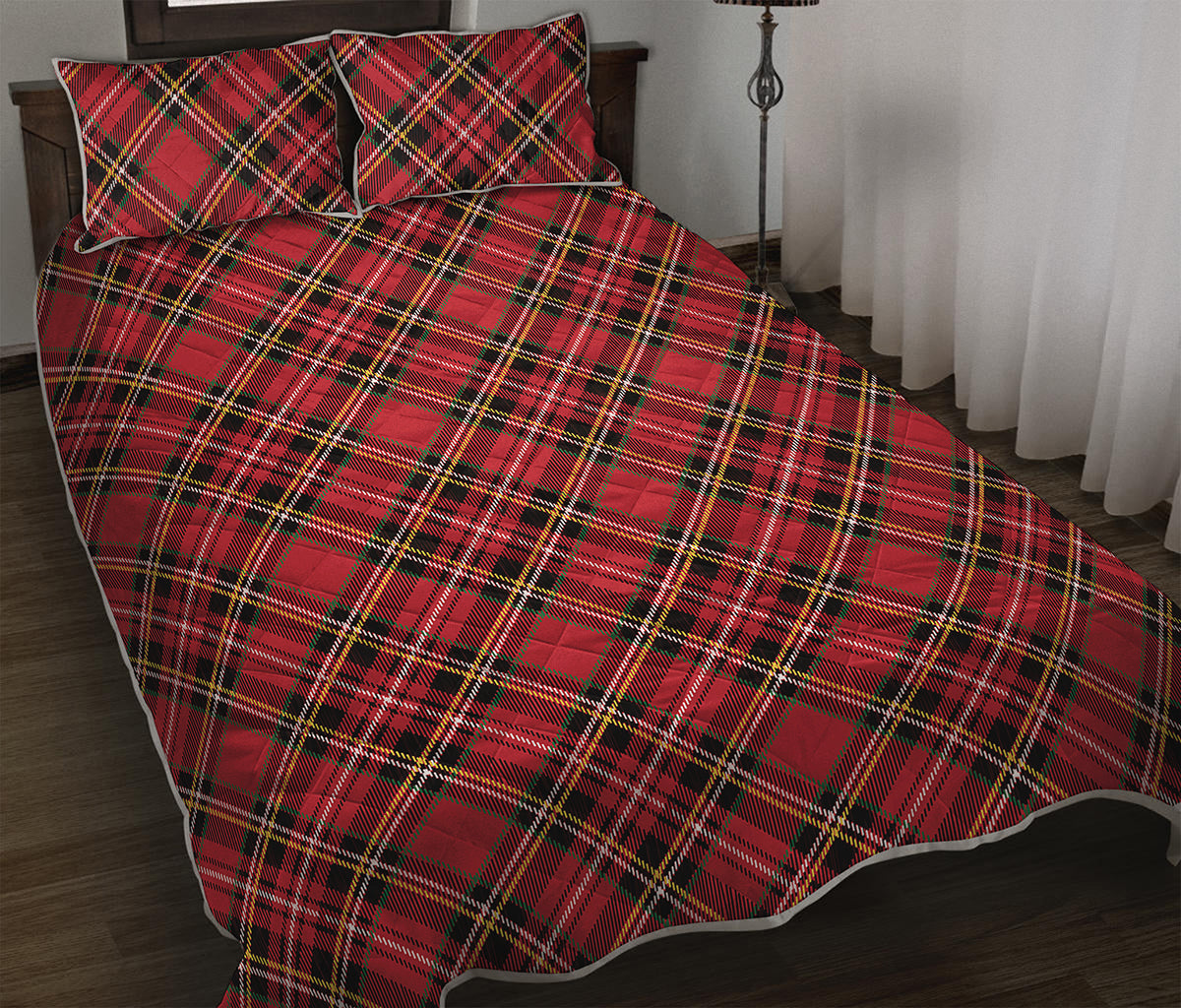 Red Stewart Tartan Pattern Print Quilt Bed Set