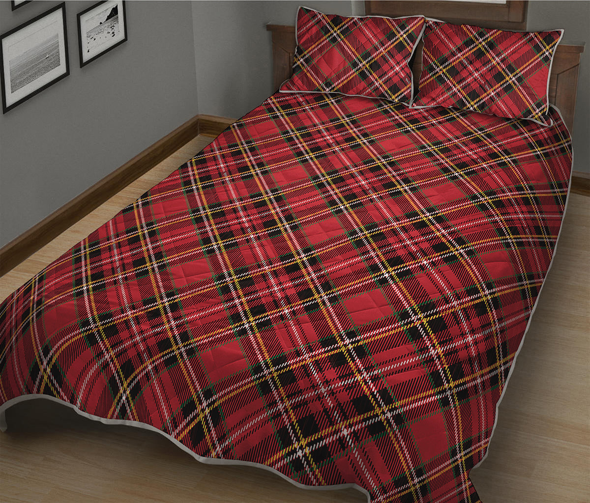 Red Stewart Tartan Pattern Print Quilt Bed Set