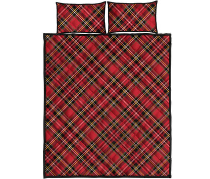 Red Stewart Tartan Pattern Print Quilt Bed Set