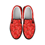 Red Strawberry Pattern Print Black Slip On Shoes