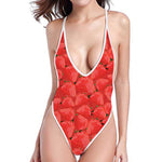 Red Strawberry Pattern Print One Piece High Cut Swimsuit