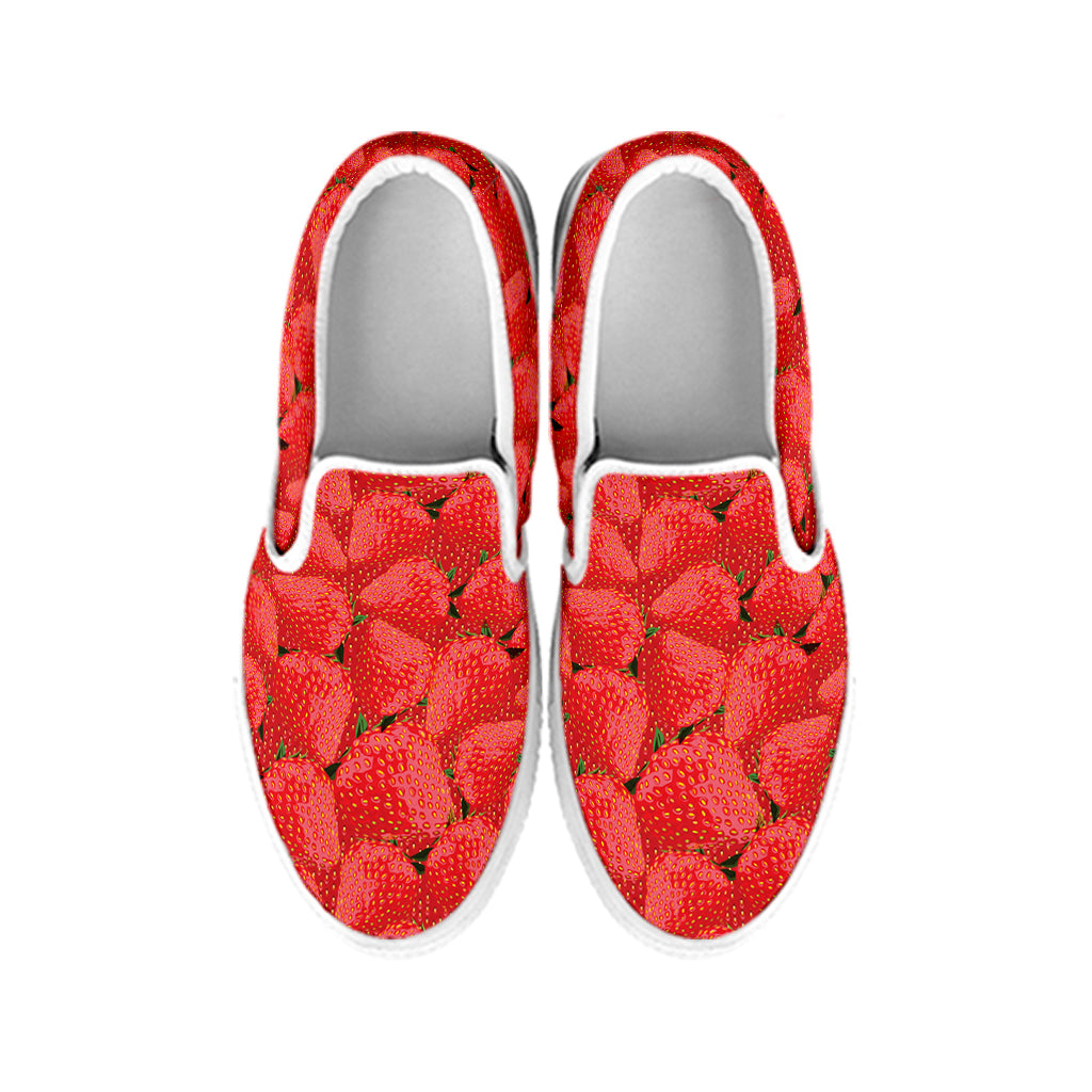 Red Strawberry Pattern Print White Slip On Shoes