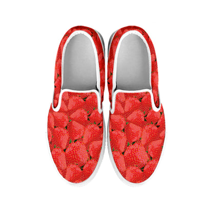 Red Strawberry Pattern Print White Slip On Shoes