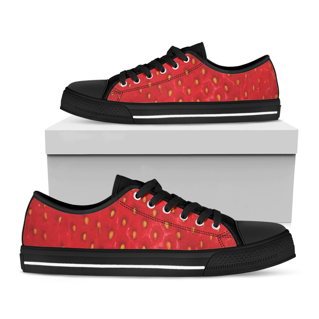 Red Strawberry Texture Print Black Low Top Shoes