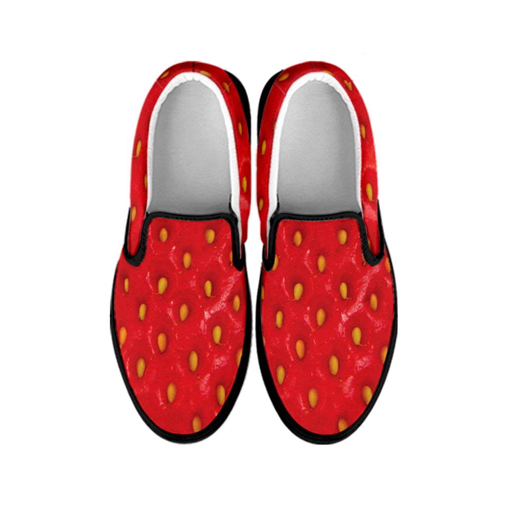 Red Strawberry Texture Print Black Slip On Shoes