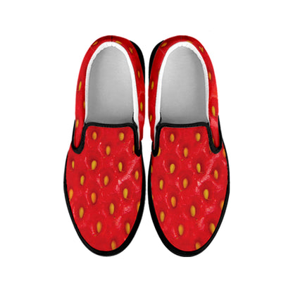 Red Strawberry Texture Print Black Slip On Shoes