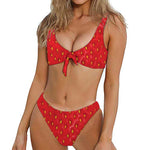 Red Strawberry Texture Print Front Bow Tie Bikini