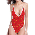 Red Strawberry Texture Print One Piece High Cut Swimsuit