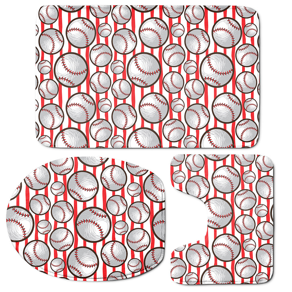 Red Striped Baseball Pattern Print 3 Piece Bath Mat Set