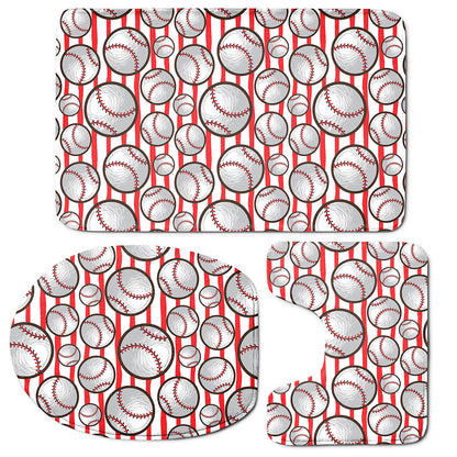 Red Striped Baseball Pattern Print 3 Piece Bath Mat Set