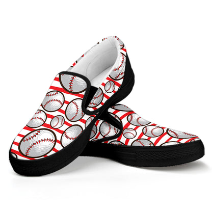 Red Striped Baseball Pattern Print Black Slip On Shoes
