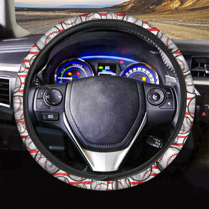 Red Striped Baseball Pattern Print Car Steering Wheel Cover