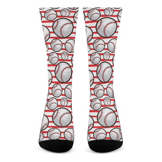 Red Striped Baseball Pattern Print Crew Socks
