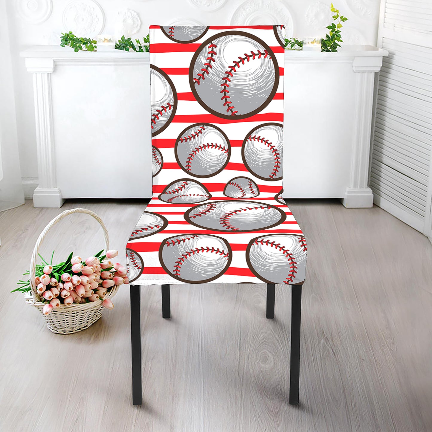 Red Striped Baseball Pattern Print Dining Chair Slipcover