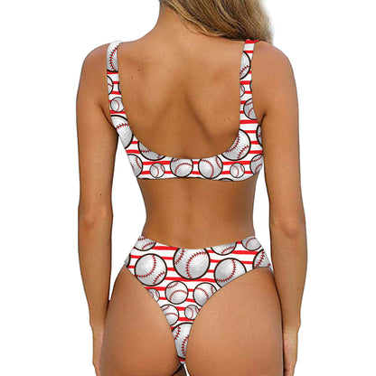 Red Striped Baseball Pattern Print Front Bow Tie Bikini
