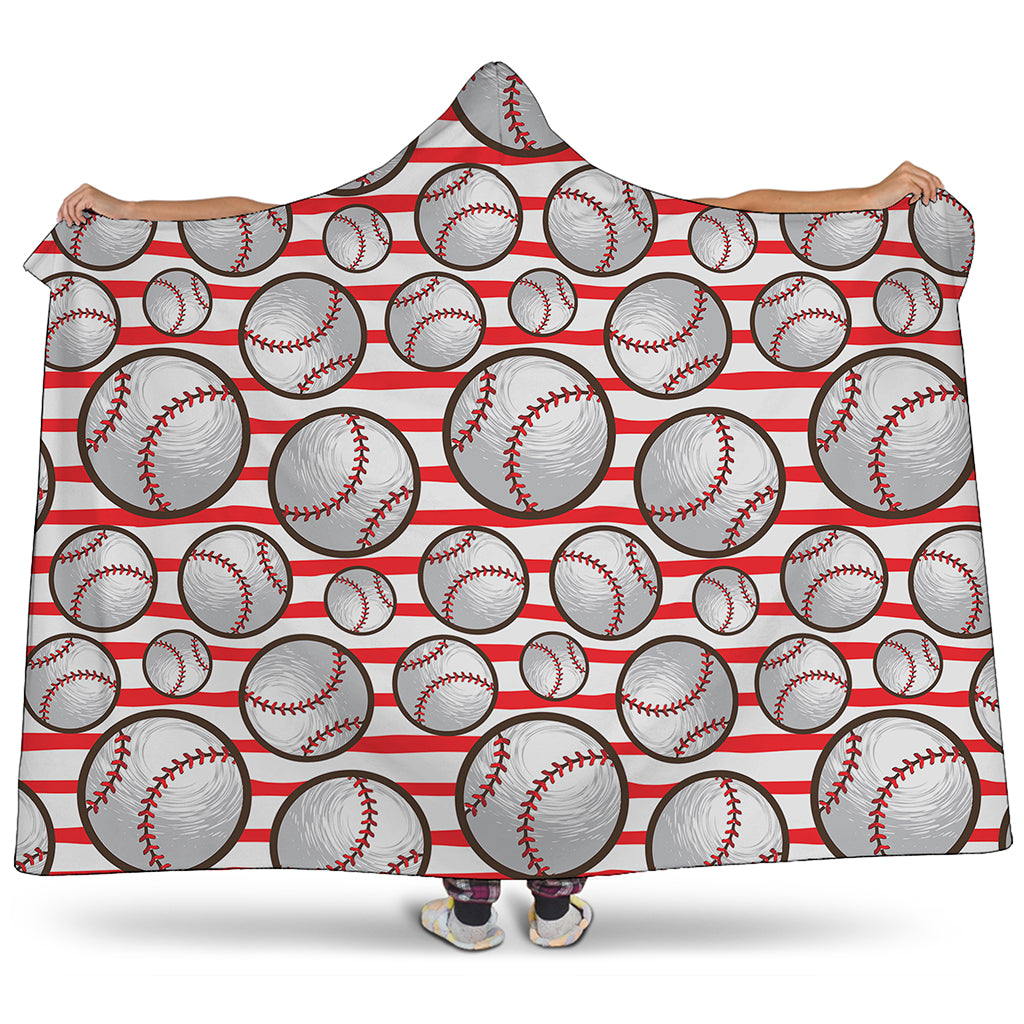 Red Striped Baseball Pattern Print Hooded Blanket