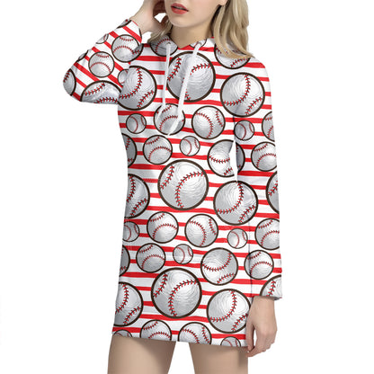 Red Striped Baseball Pattern Print Hoodie Dress