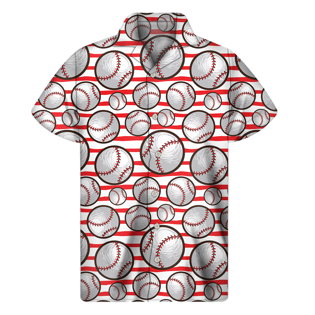 Red Striped Baseball Pattern Print Men's Short Sleeve Shirt