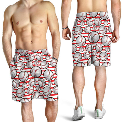 Red Striped Baseball Pattern Print Men's Shorts