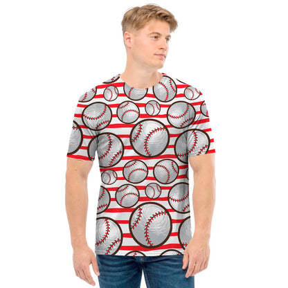 Red Striped Baseball Pattern Print Men's T-Shirt