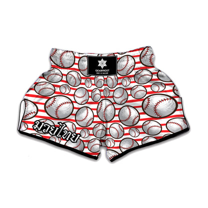 Red Striped Baseball Pattern Print Muay Thai Boxing Shorts