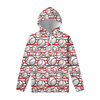 Red Striped Baseball Pattern Print Pullover Hoodie